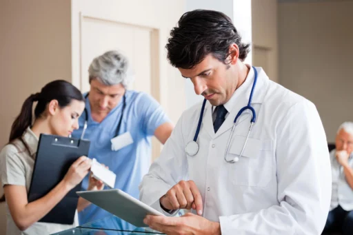 A concierge physician looks at a patients' charts.